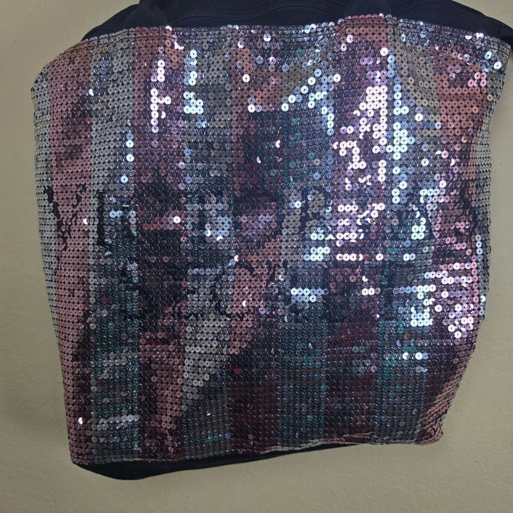 Silver Rose Gold Sequin Colorblock Canvas Tote Bag Zipper Closure Black